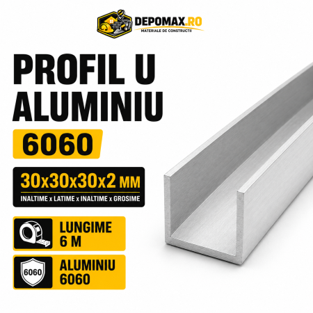 Profil U aluminiu 30 x 30 x 30 x 2 mm, 6 metri